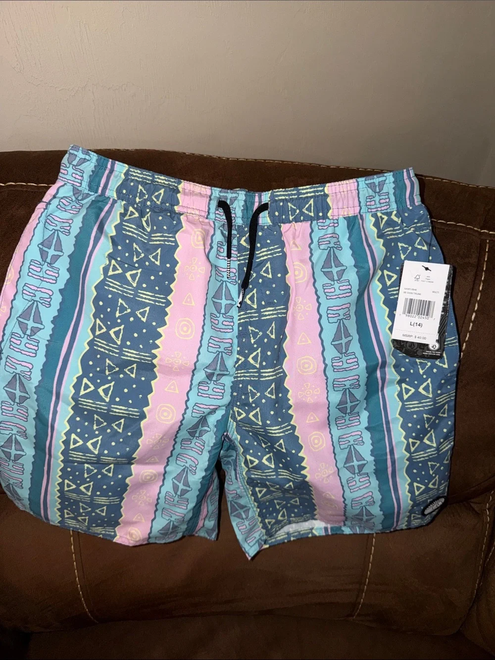 Volcom Boys' Tribal Stripe Swim Trunks in Teal & Pink